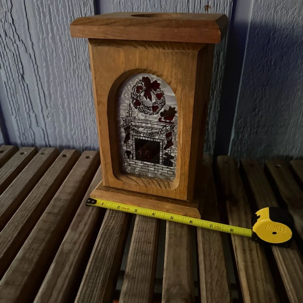 Vintage Wooden Christmas Scene Lantern Glass Fireplace Night‎ Light Wood Kitsch